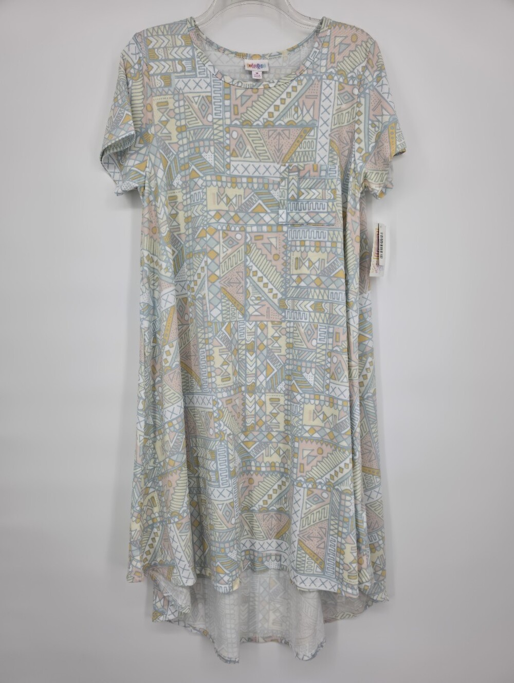 NWT LuLaRoe Carly Dress M Pastel Geometric Tribal Print High Low Pocket Swing